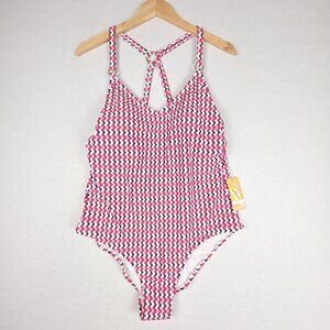 NWT Kona Sol Women One-Piece Swim 16 Red White Blue Gold Ring CrisCross Adjust